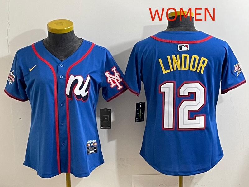 Women  2025 New York Mets #12 Lindor Blue All star Nike MLB Jersey style 006
